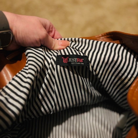 Just Fab Brown Faux Leather Backpack Adjustable Straps Fold Over Flap - Picture 7 of 7